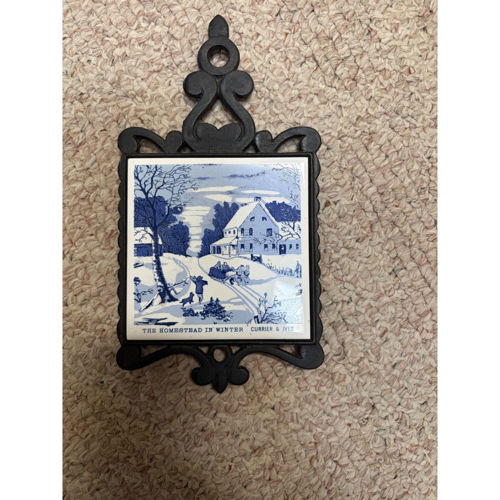 Currier & Ives The Homestead in Winter Tile Trivet Cast Iron Frame Blue White